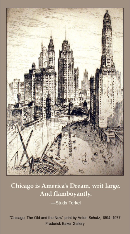 “Chicago, The Old and the New” print by Aaron Schutz, 1894–1977, Frederick Baker Gallery